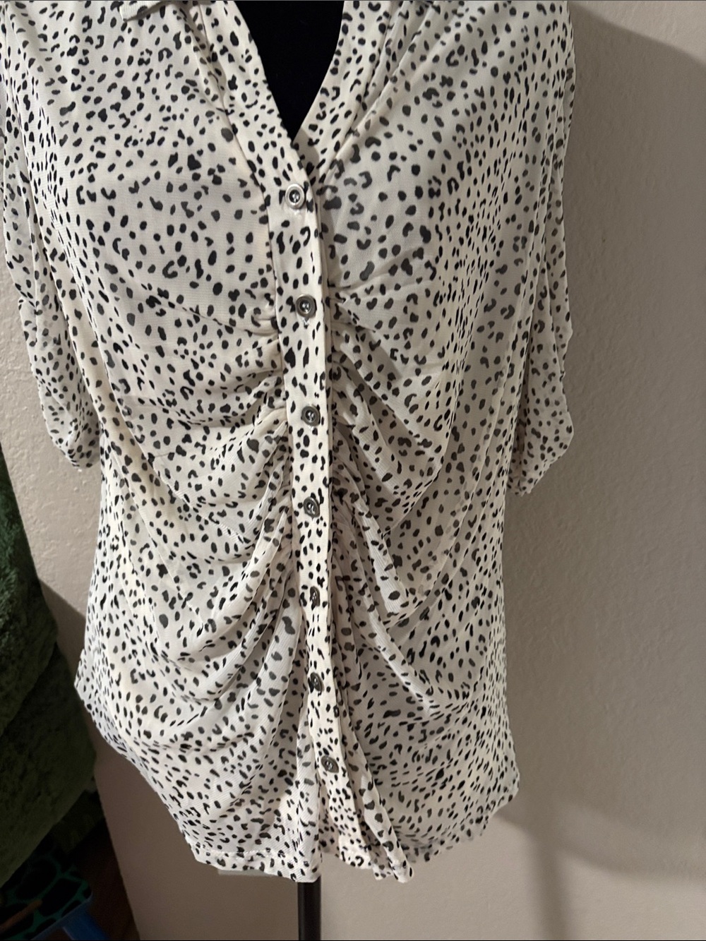 Women’s Cream and Black Dalmatian Print Button-Front Blouse